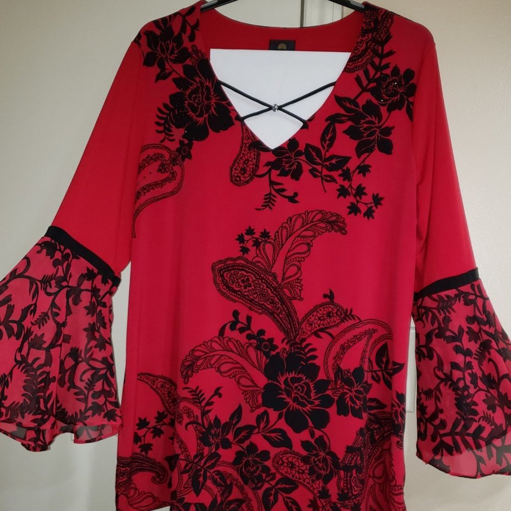 Red Bell Sleeve Tunic (w/Black sparkle detail)
